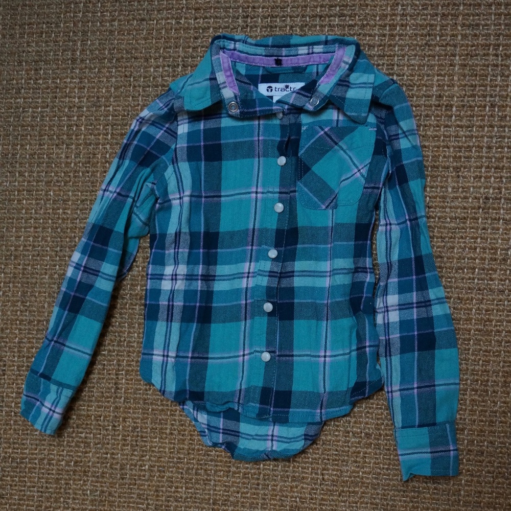 Girls Size 5 Tractr Teal/Navy/Lilac Plaid Button-up Shirt